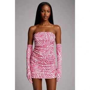 $385 NWOT MISCREANTS Zebra Print Strapless Ruched Mini Dress With Gloves Size 12